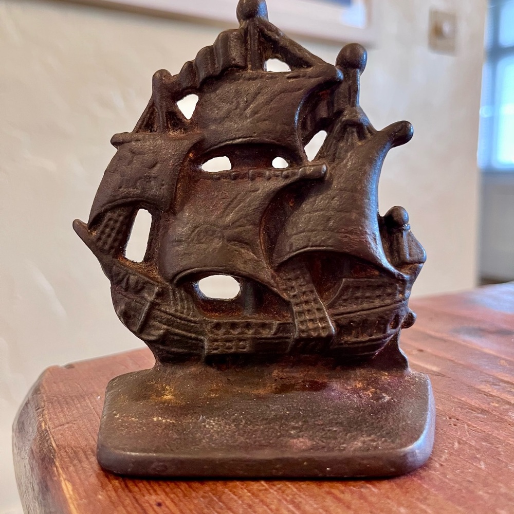 Vintage Brown Metal Ship Sculpture Decor
